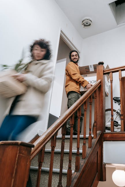A young woman with long dark hair wearing a beige striped sweater is descending a narrow, dark staircase in a housing interior, carrying a potted green plant with broad, glossy leaves. A young boy with curly brown hair, dressed in a yellow and black checkered shirt, follows behind, holding a phone and looking downward. The staircase has black treads with a textured surface, a black metal railing, and white walls with a decorative wall sconce providing warm lighting. The exterior wall by the staircase features a window with a black frame, allowing natural light into the space. This scene appears to depict a home relocation or moving process, with the individuals carefully transporting household items through a confined staircase area. The environment is clean, well-lit, and suits the typical setting for a house move, aligning with services offered by Man with Van Colindale for removals and furniture transport.
